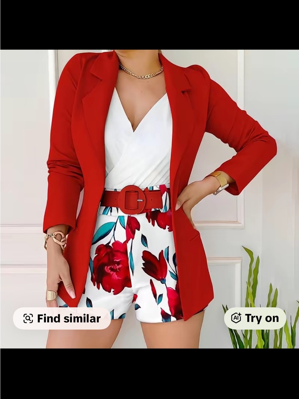 Set 
Red Blazer with Floral Belted Shorts